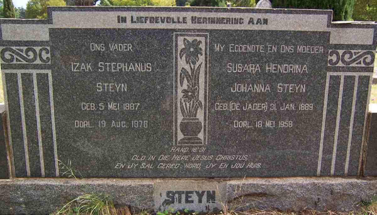 STEYN Izak Stephanus 1887-1976 &amp; Susara Hendrina Johanna DE JAGER 1889-1958