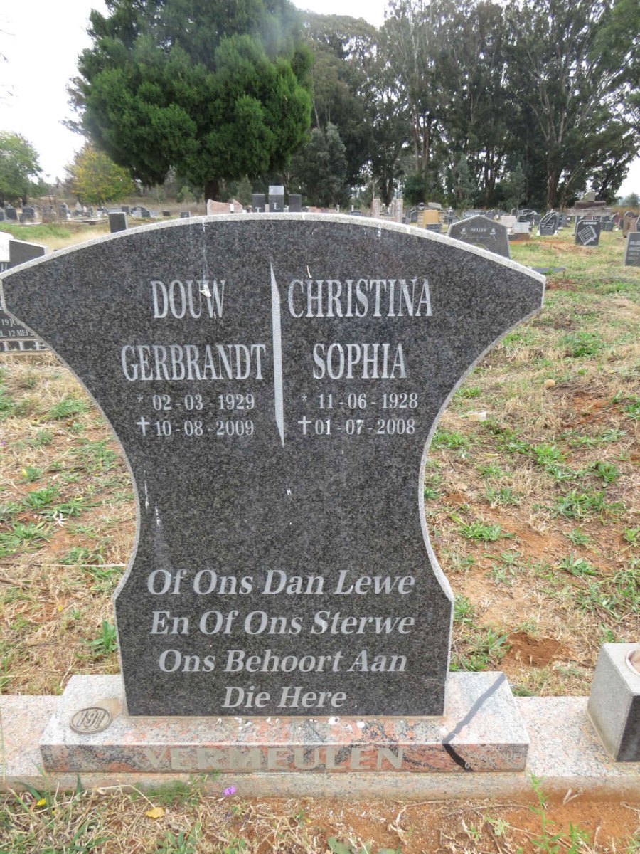 VERMEULEN Douw Gerbrandt 1929-2009 & Christina Sophia 1928-2008