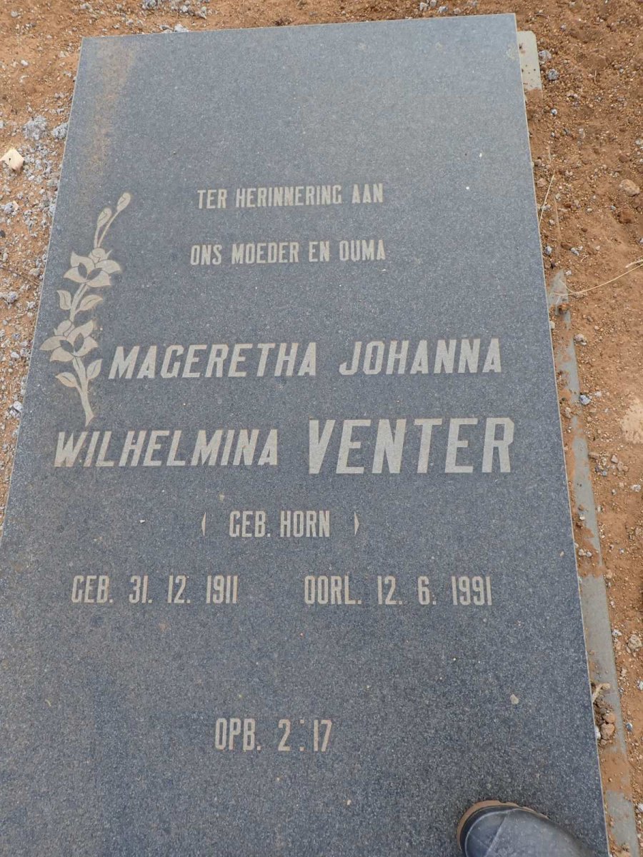 VENTER Mageretha Johanna Wilhelmina nee HORN 1911-1991