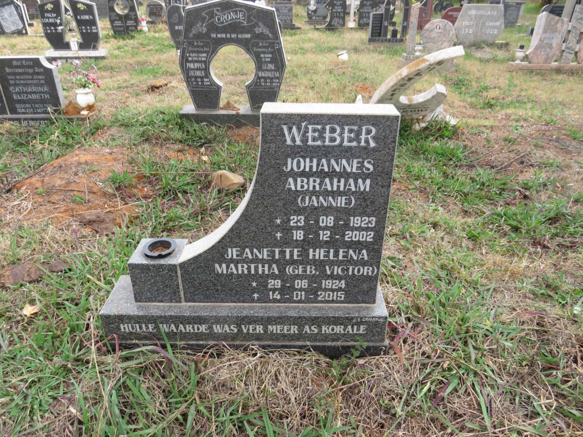 WEBER Johannes Abraham 1923-2002 & Jeanette Helena Martha VICTOR 1924-2015