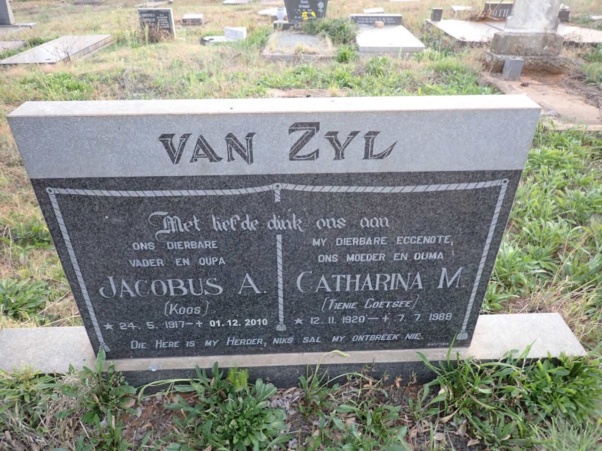 ZYL Jacobus A., van 1917-2010 & Catharina M. COETSEE 1920-1988