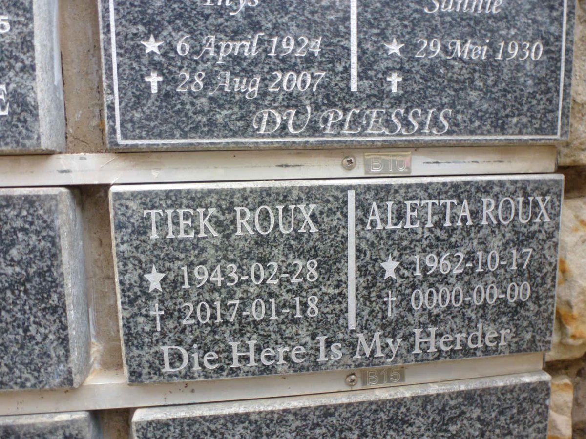 ROUX Tiek 1943-2017 &amp; Aletta 1962-