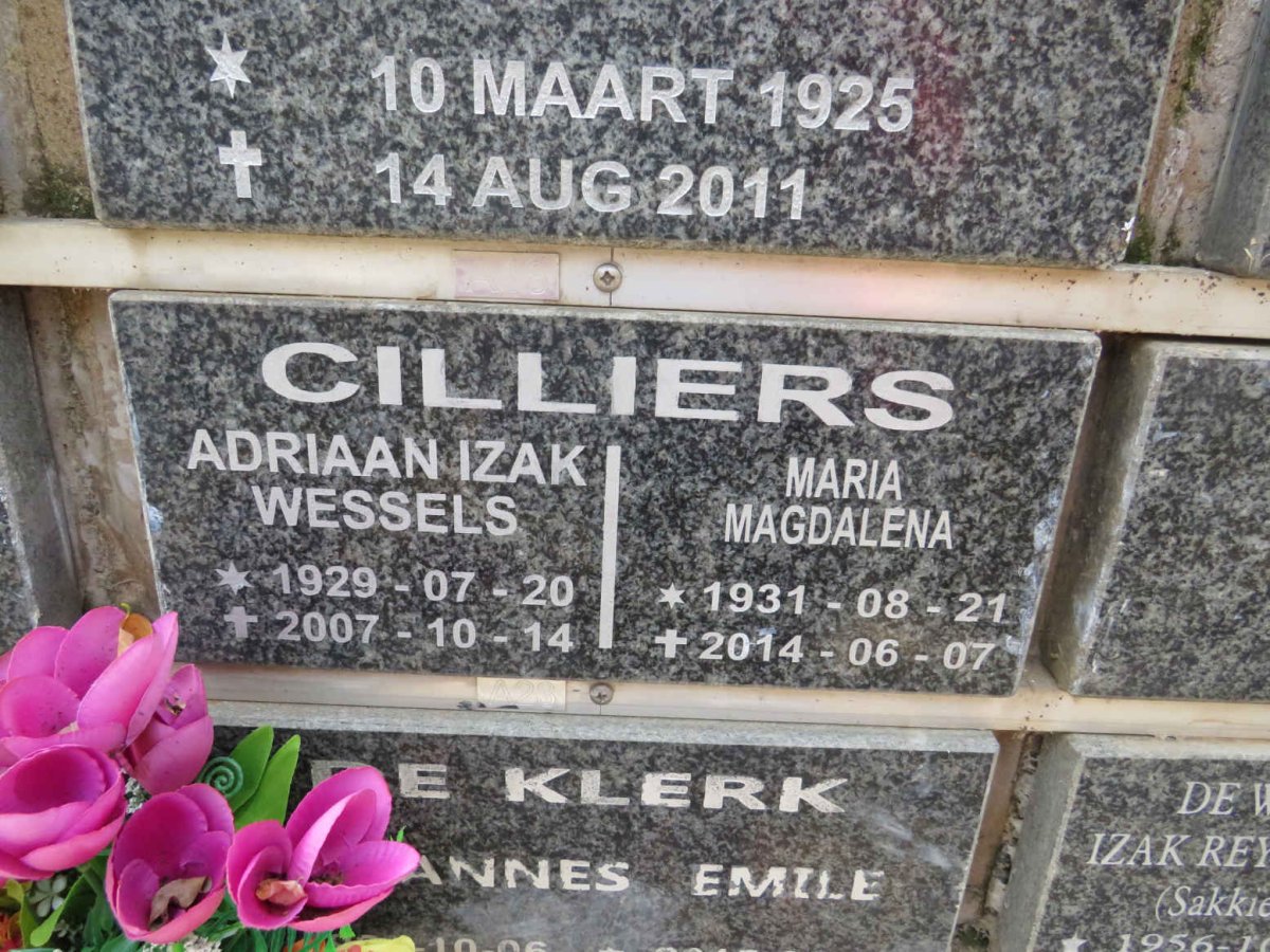 CILLIERS Adriaan Izak Wessels 1929-2007 &amp; Maria Magdalena 1931-2014