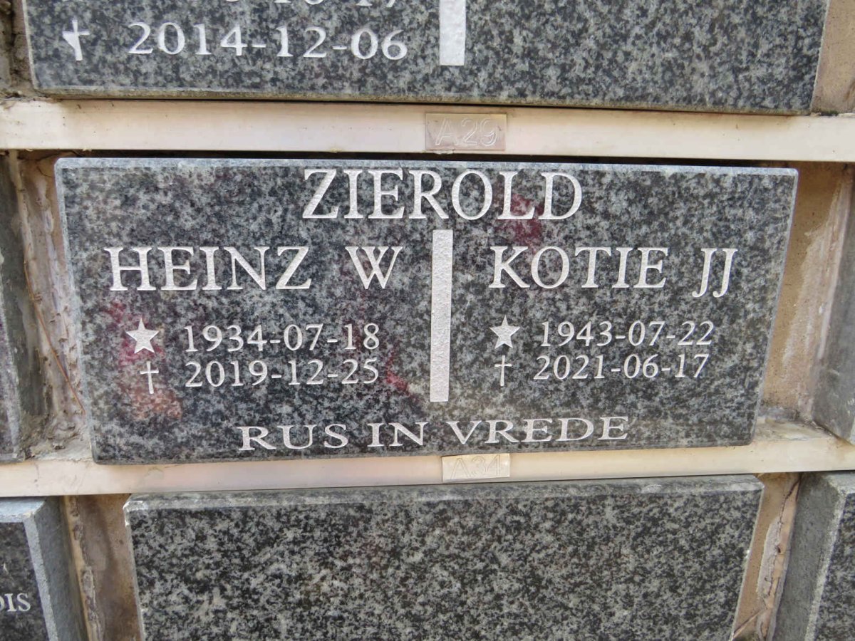 ZIEROLD Heinz W. 1934-2019 &amp; Kotie J.J. 1943-2021