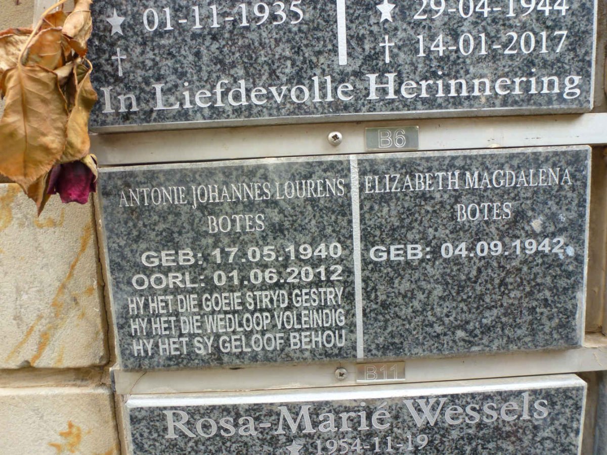 BOTES Antonie Johannes Lourens 1940-2012 &amp; Elizabeth Magdalena 1942-