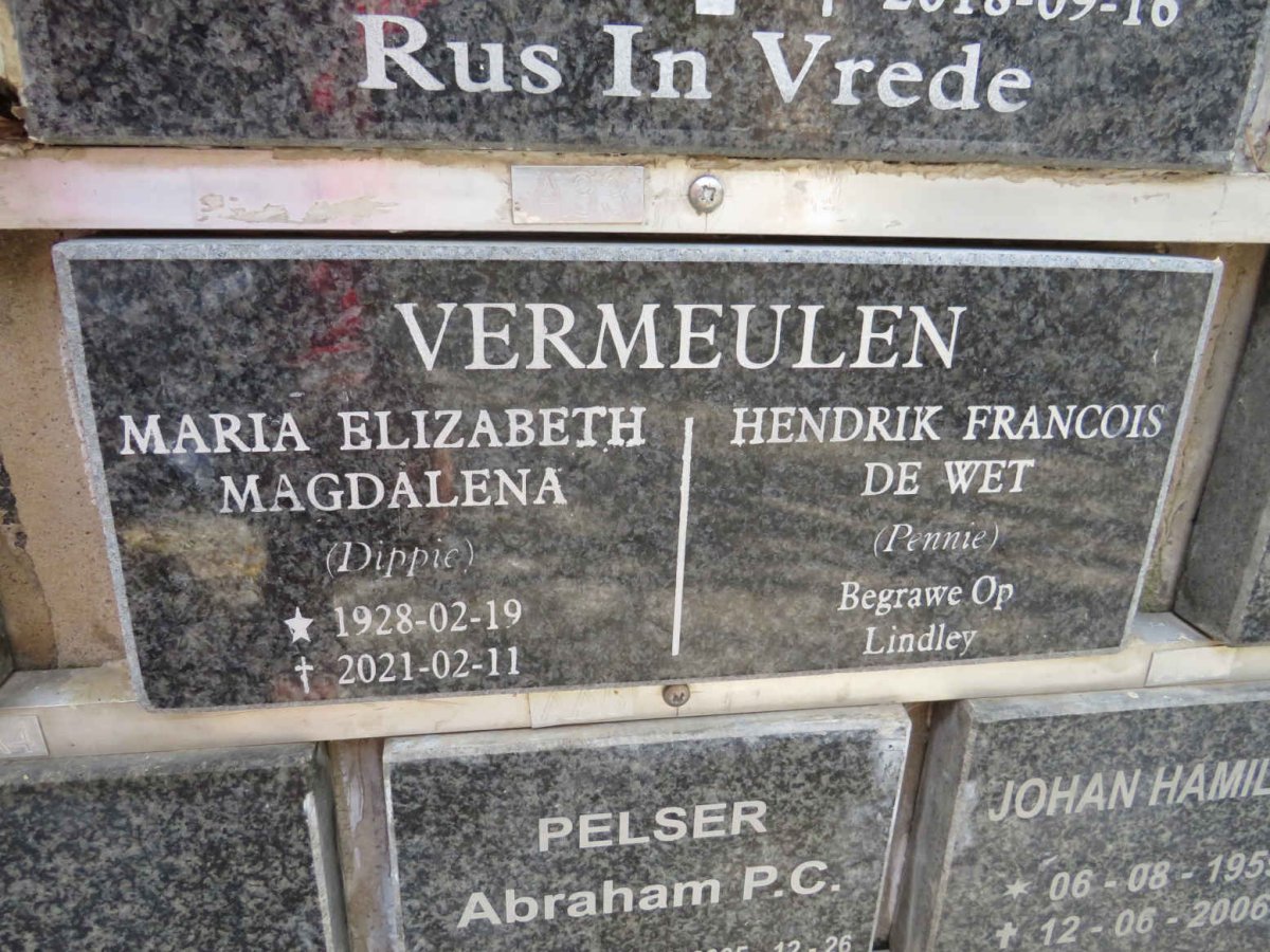 VERMEULEN Hendrik Francois De Wet &amp; Maria Elizabeth Magdalena 1928-2021