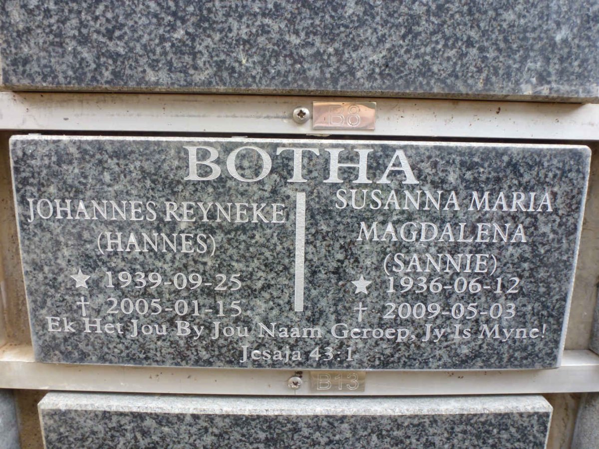 BOTHA Johannes Reyneke 1939-2005 &amp; Susanna Maria Magdalena 1936-2009