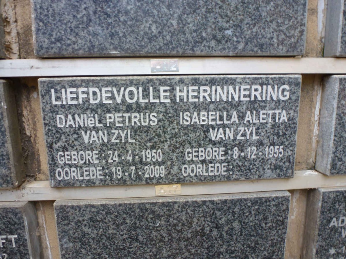 ZYL Daniël Petrus, van 1950-2009 &amp; Isabella Aletta 1955-