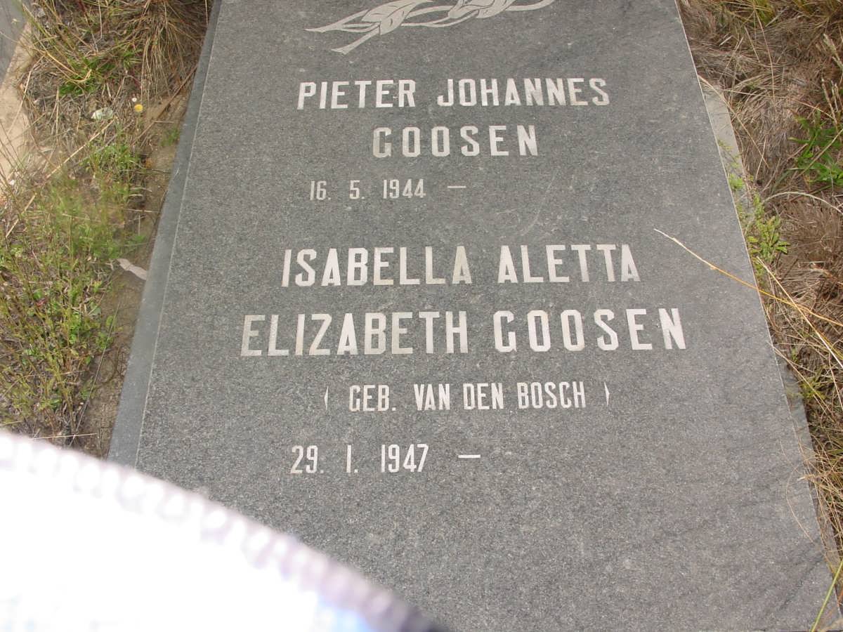 GOOSEN Pieter Johannes 1944- &amp; Isabella Aletta Elizabeth VAN DEN BOSCH 1947-