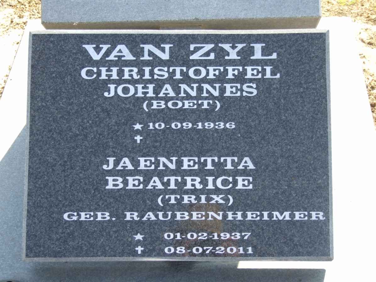 ZYL Christoffel Johannes, van 1936- &amp; Jaenetta Beatrice RAUBENHEIMER 1937-2011