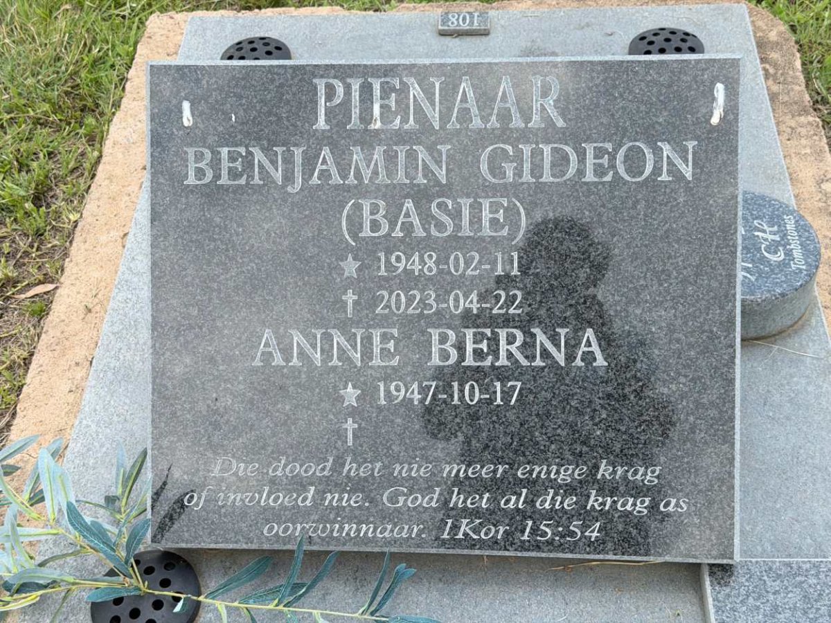 PIENAAR Benjamin Gideon 1948-2023 & Anne Berna 1947-