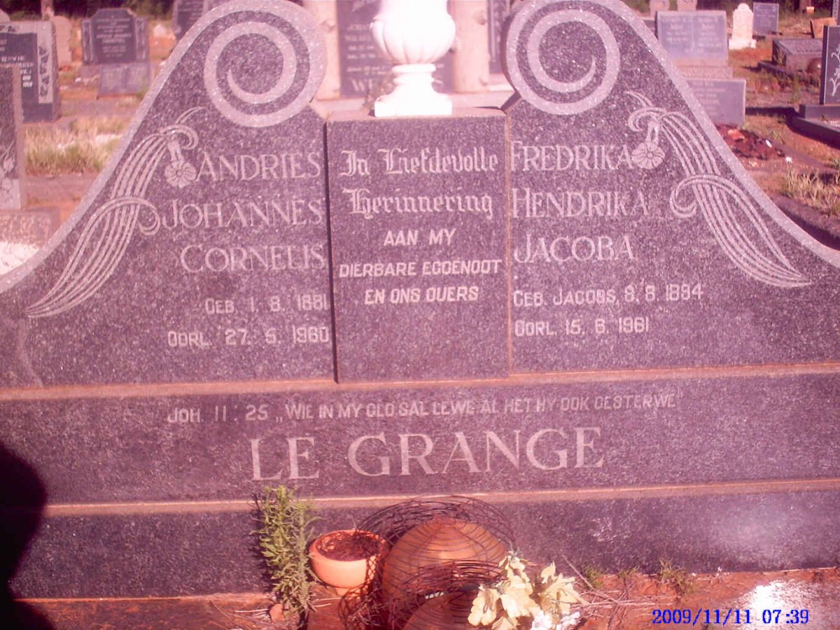 GRANGE Andries Johannes Cornelis, le 1881-1960 &amp; Fredrika Hendrika Jacoba JACOBS 1884-1981