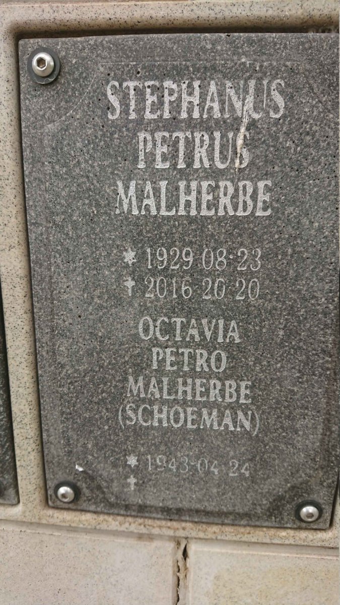 MALHERBE Stephanus Petrus 1929-2016 &amp; Octavia Petro SCHOEMAN 1943-