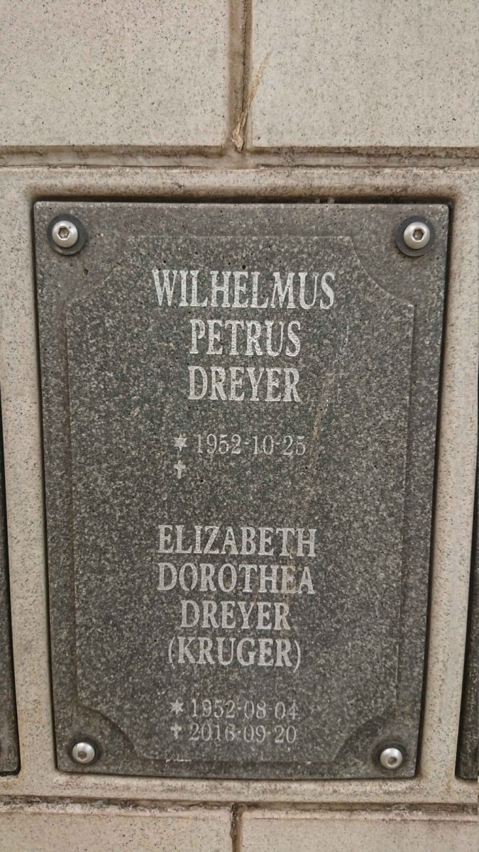 DREYER Wilhelmus Petrus 1952- &amp; Elizabeth Drothea KRUGER 1952-2016