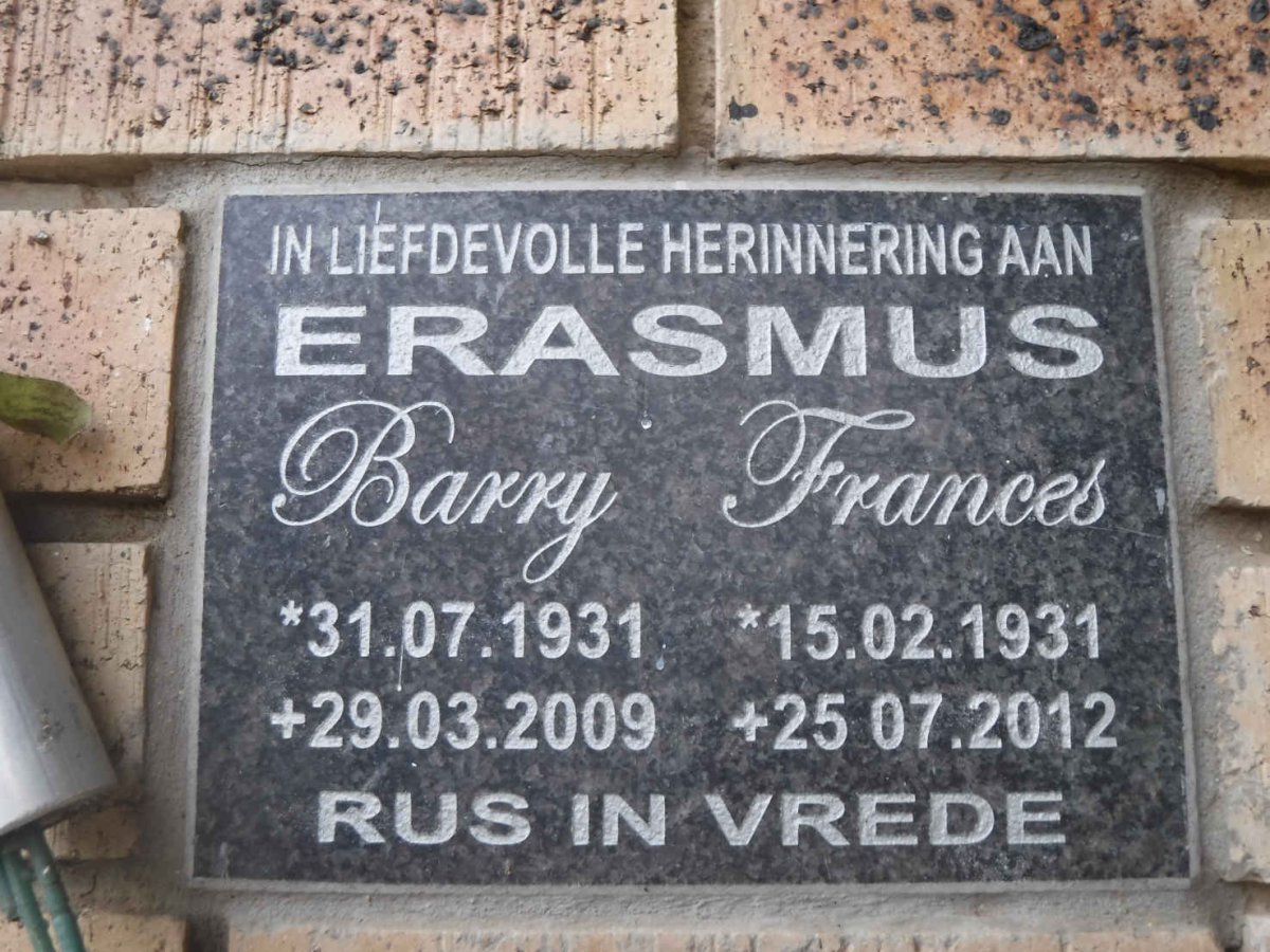 ERASMUS Barry 1931-2009 &amp; Frances 1931-2012