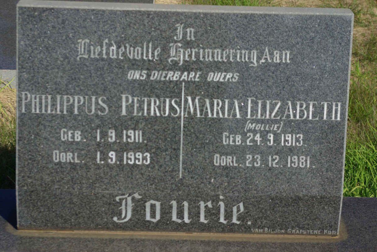 FOURIE Philippus Petrus 1911-1993 &amp; Maria Elizabeth 1913-1981