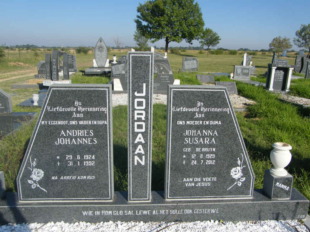 JORDAAN Andries Johannes 1924-1992 &amp; Johanna Susara De BRUYN 1929-2012