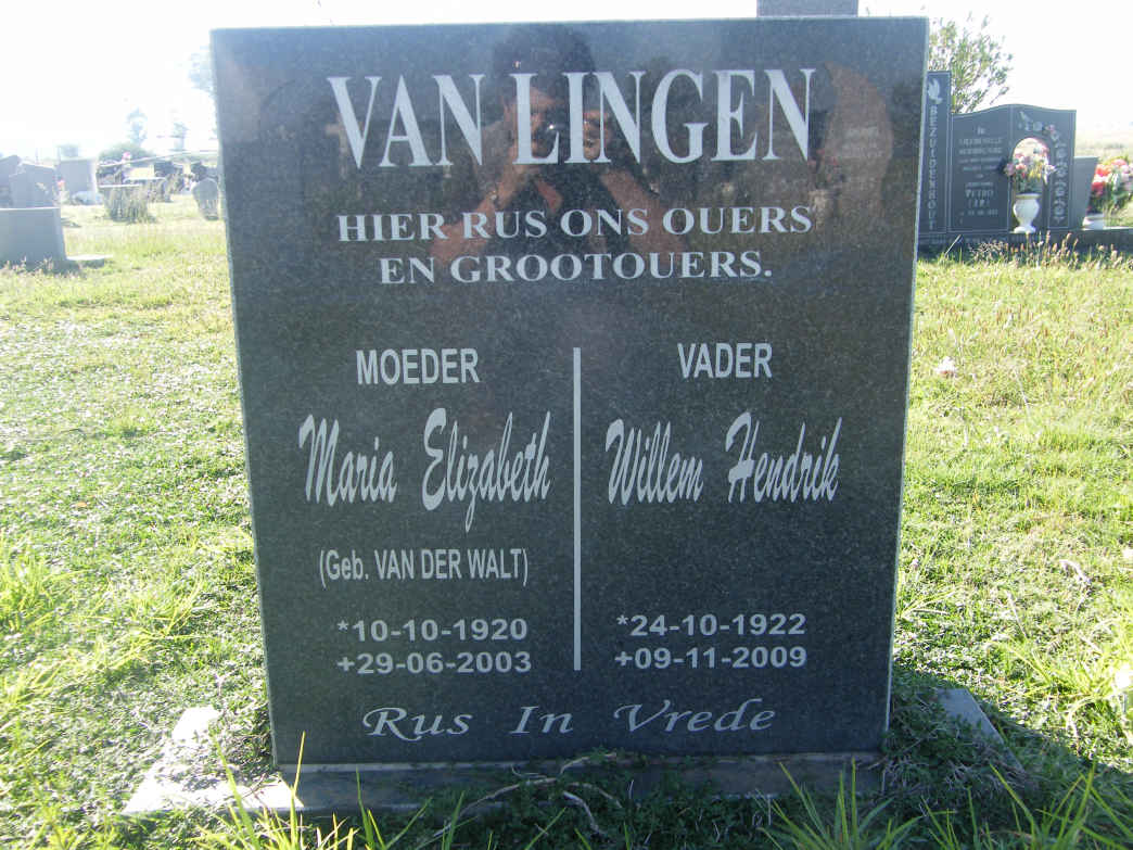 LINGEN Willem Hendrik, van 1922-2009 &amp; Maria Elizabeth VAN DER WALT 1920-2003