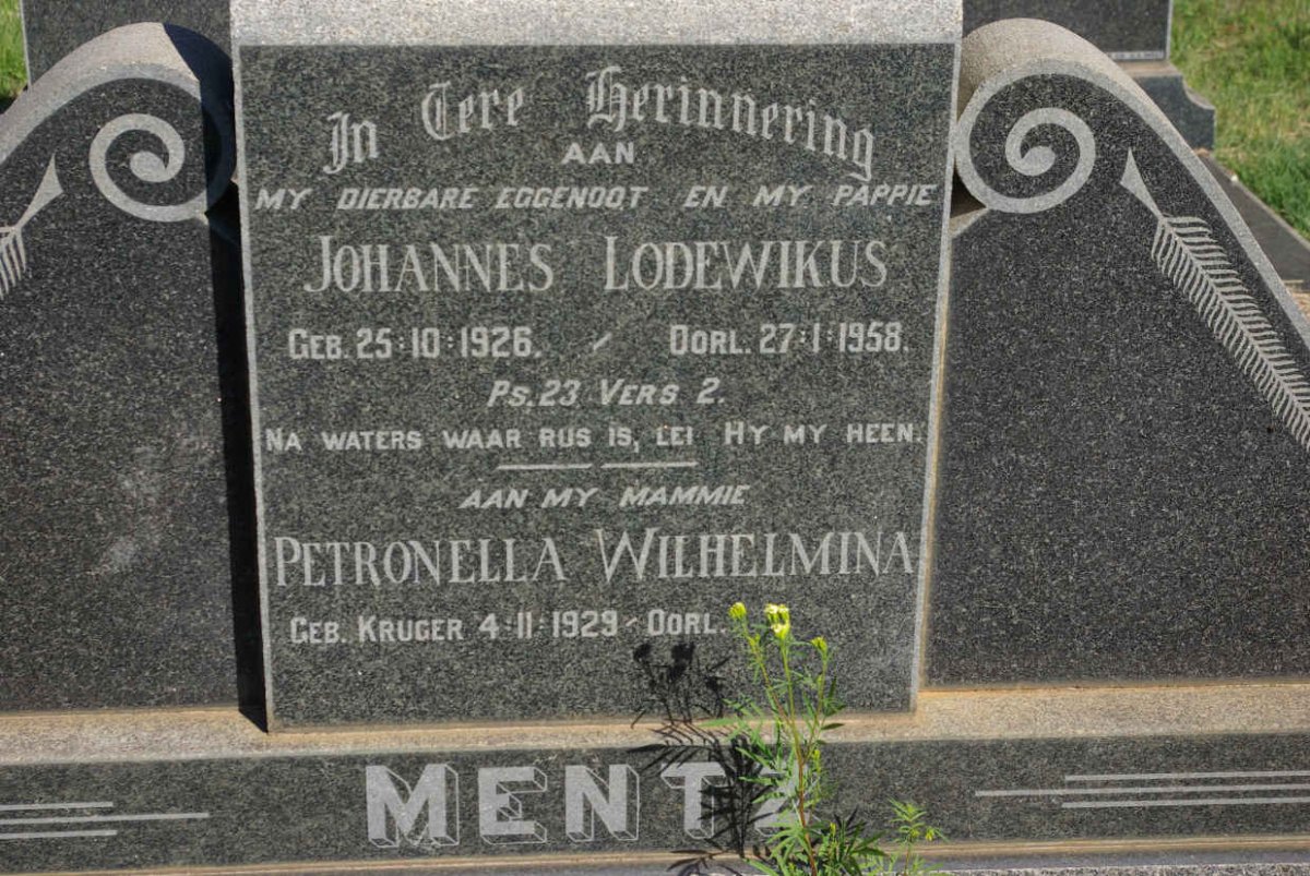MENTZ Johannes Lodewikus 1926-1958 &amp; Petronella Wilhelmina KRUGER 1929-