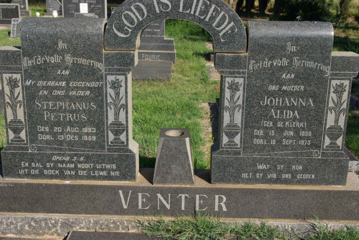 VENTER Stephanus Petrus 1893-1959 &amp; Johanna Alida DE KLERK 1898-1973