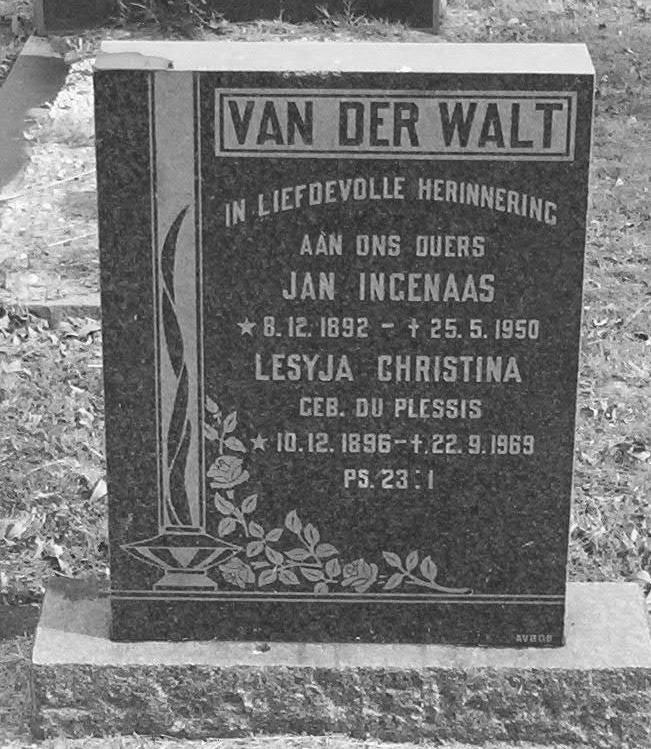 WALT Jan Ingenaas, van der 1892-1950 &amp; Lesyja Christina DU PLESSIS 1896-1969