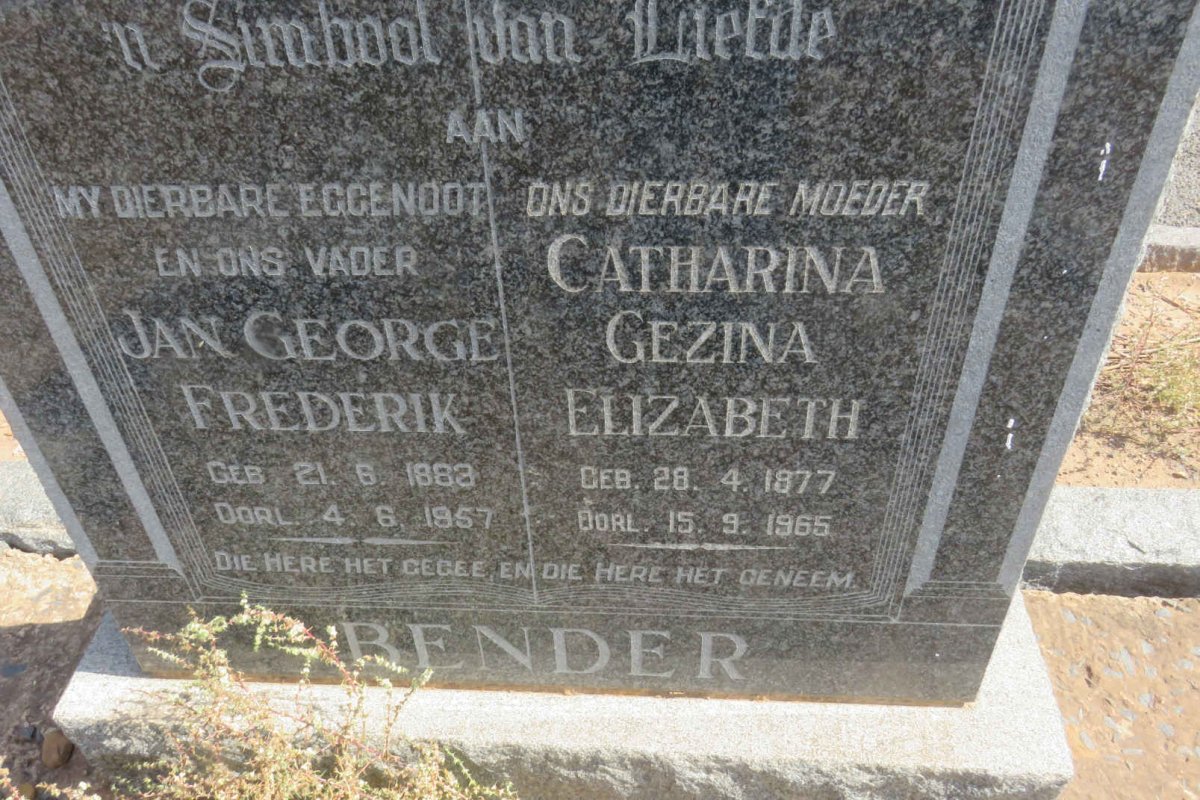 BENDER Jan George Frederik 1883-1957 &amp; Catharina Gezina Elizabeth 1877-1965
