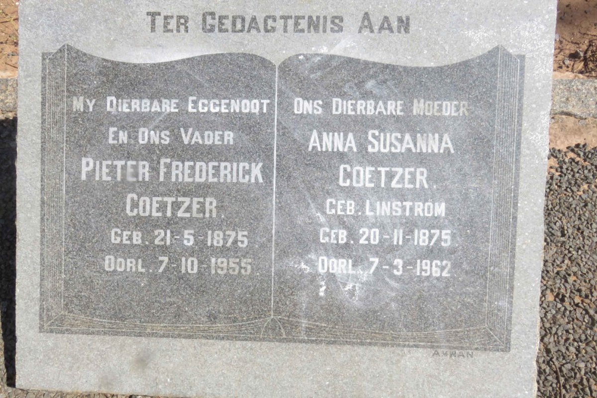 COETZER Pieter Frederick 1875-1955 &amp; Anna Susanna LINSTROM 1875-1962