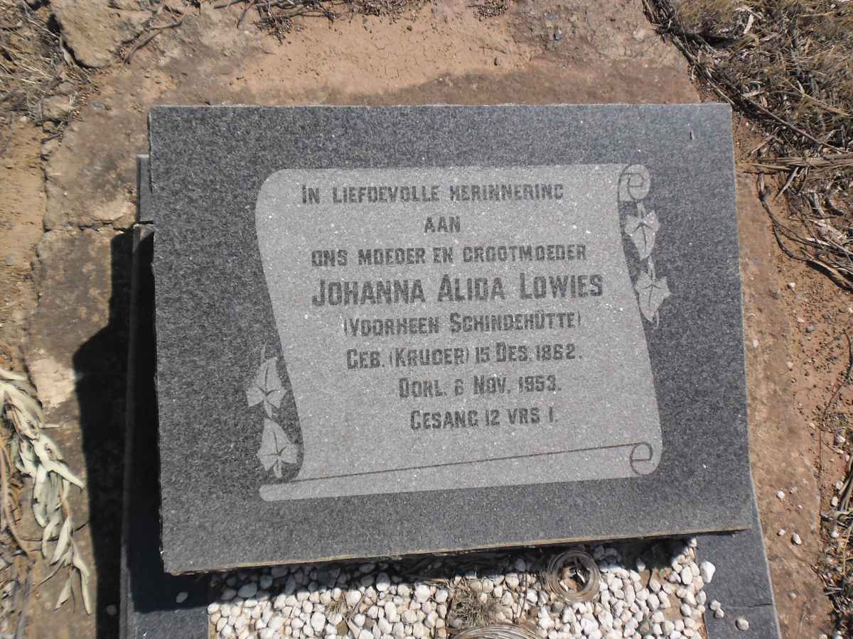 LOWIES Johanna Alida voorheen SCHINDEHUTTE nee KRUGER 1862-1953