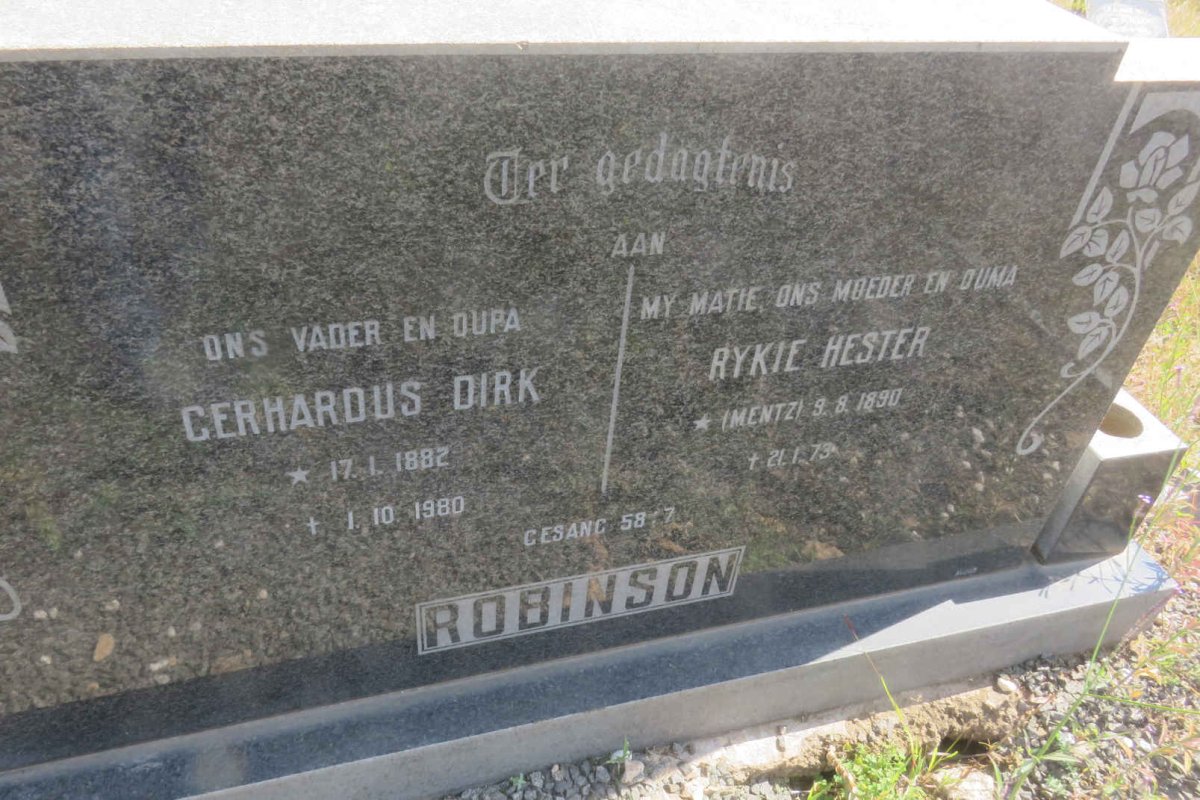 ROBINSON Gerhardus Dirk 1882-1980 &amp; Rykie Hester MENTZ 1890-1973