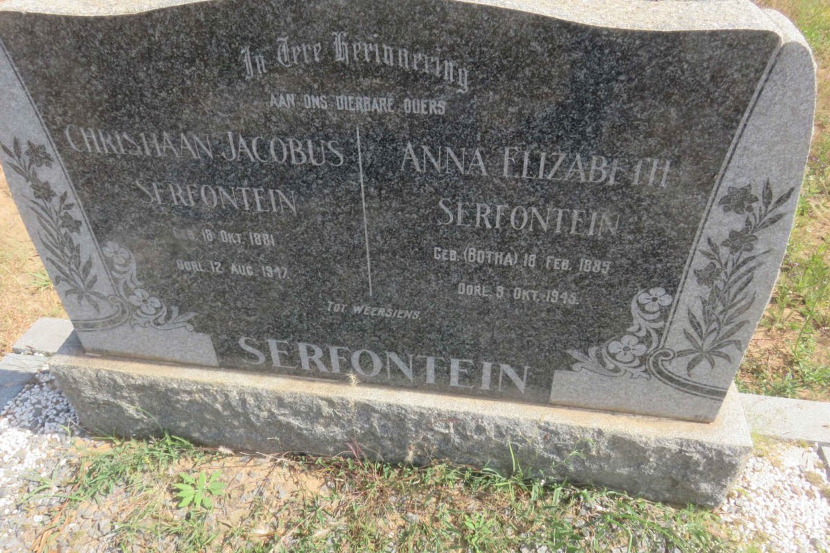 SERFONTEIN Christiaan Jacobus 1881-1947 &amp; Anna Elizabeth BOTHA 1885-1945