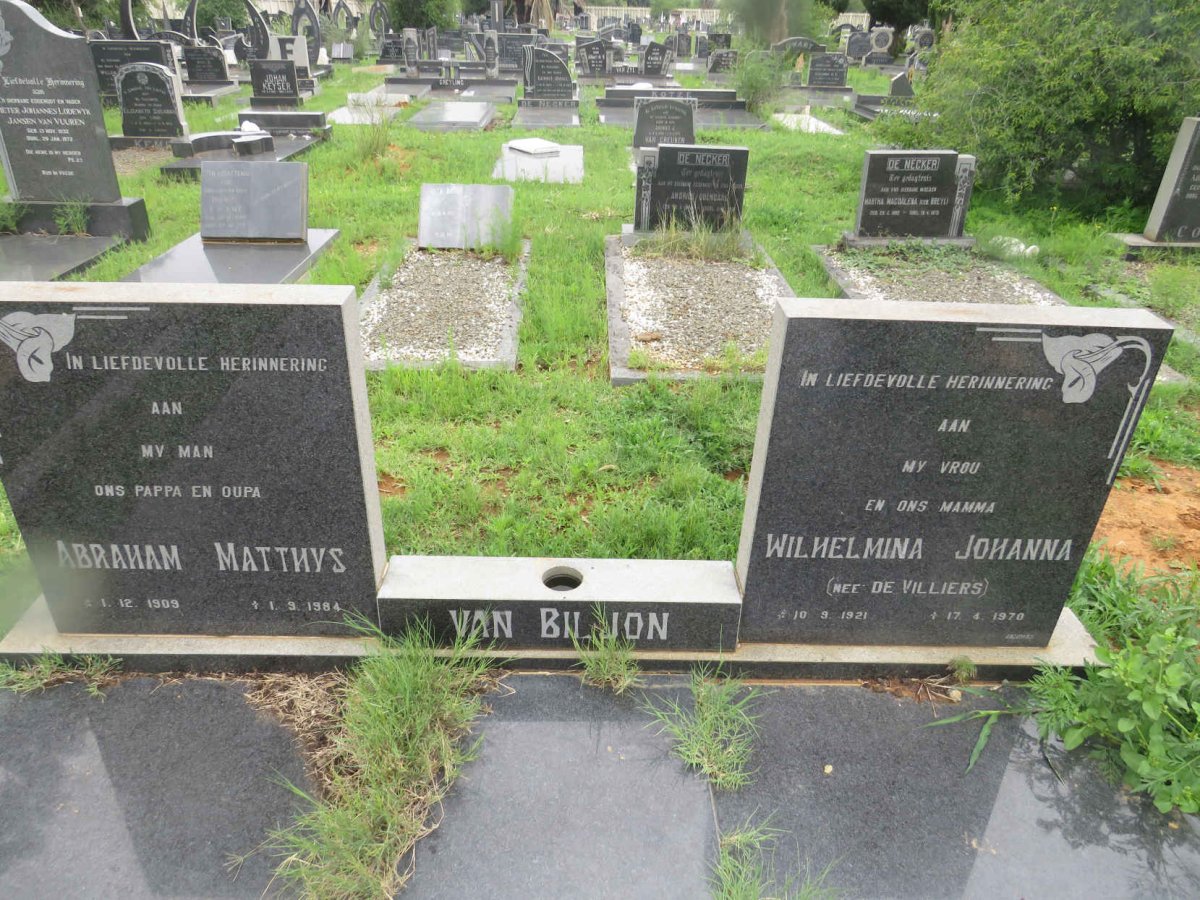 BILJON Abraham Matthys, van 1909-1984 &amp; Wilhelmina Johanna DE VILLIERS 1921-1970