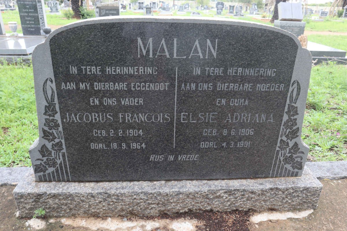 MALAN Jacobus Francois 1904-1964 &amp; Elsie Adriana 1906-1991