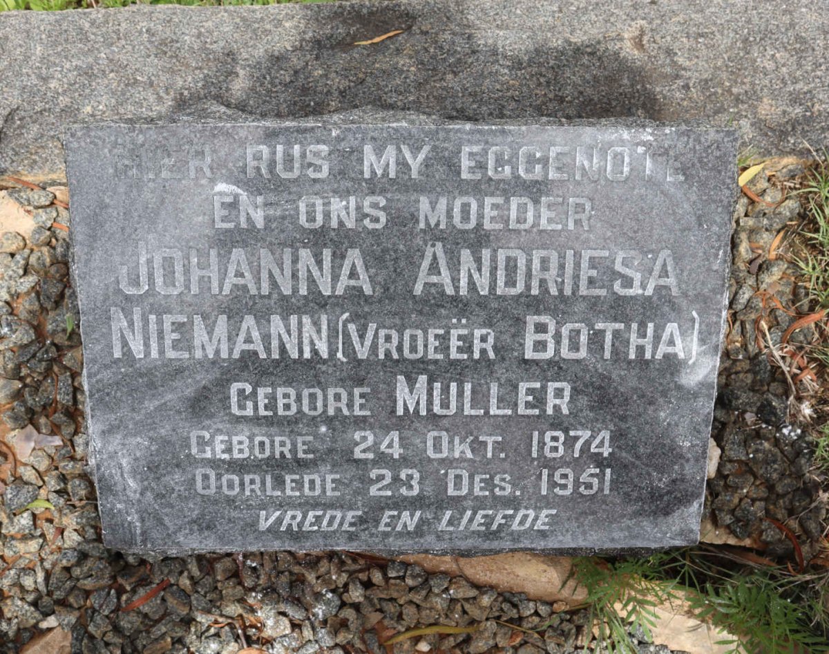 NIEMANN Johanna Andriesa  formerly BOTHA nee MULLER 1874-1951