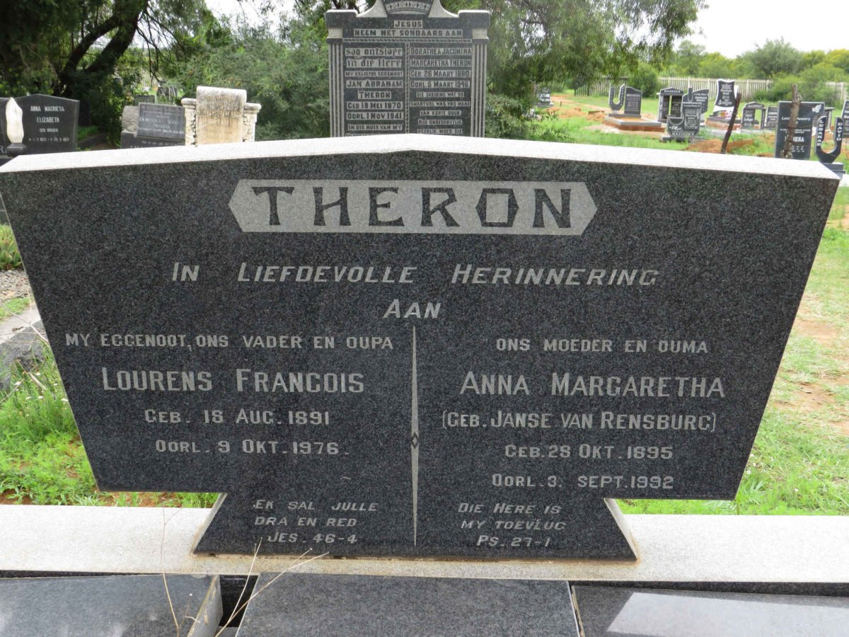 THERON Lourens Francois 1891-1976 &amp; Anna Margaretha JANSE VAN RENSBURG 1895-1992