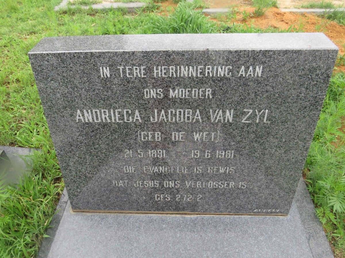 ZYL Andrieca Jacoba, van nee DE WET 1891-1981