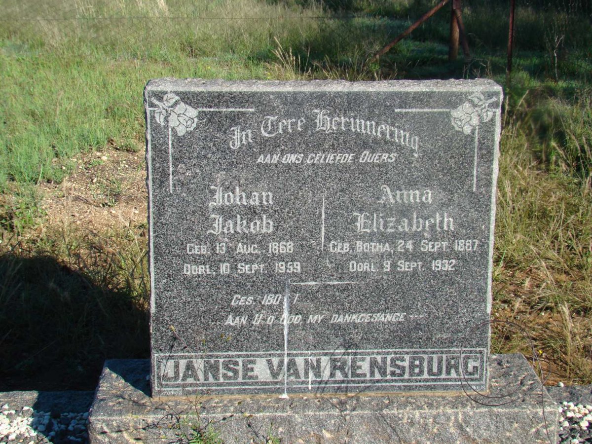 RENSBURG Johan Jakob, Janse van 1868-1959 &amp; Anna Elizabeth BOTHA 1887-1932