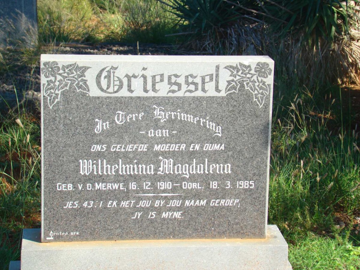 GRIESSEL Wilhelmina Magdalena nee V.D. MERWE 1910-1985