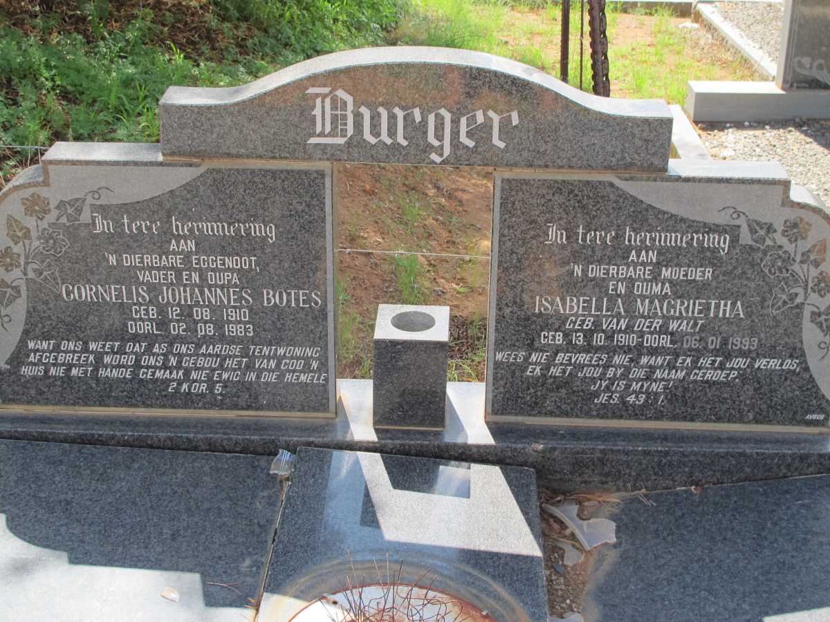 BURGER Cornelis Johannes Botes 1910-1983 &amp; Isabella Magrietha VAN DER WALT 1910-1993