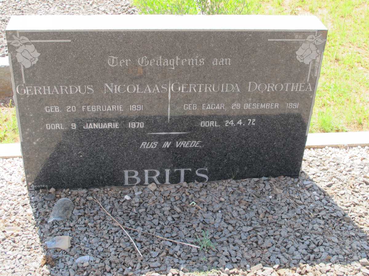 BRITS Gerhardus Nicolaas 1891-1970 &amp; Gertruida Dorothea -1972