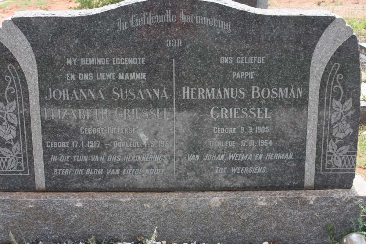 GRIESSEL Hermanus Bosman 1905-1954 &amp; Johanna Susanna Elizabeth PIETERSE 1917- 1951