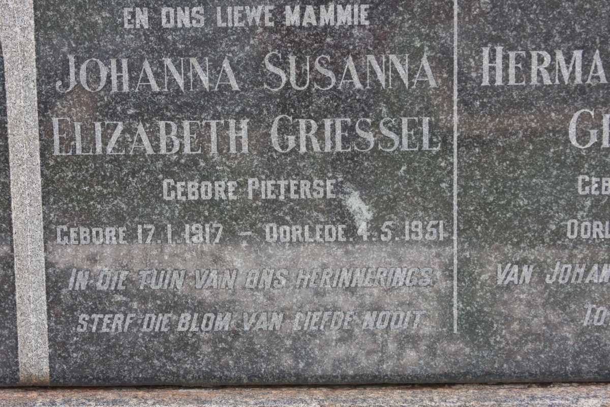 GRIESSEL  Johanna Susanna Elizabeth nee PIETERSE 1917-1951