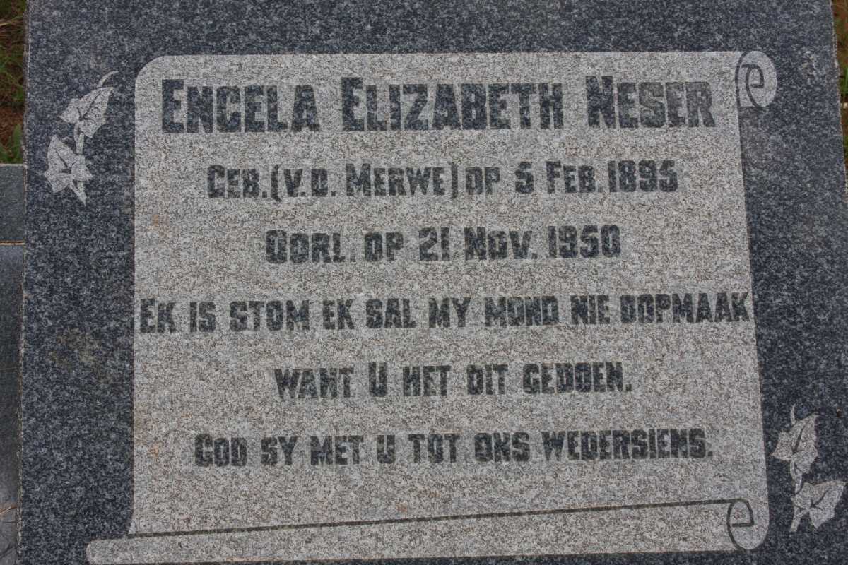 NESER Engela Elizabeth nee v.d. MERWE 1895-1950
