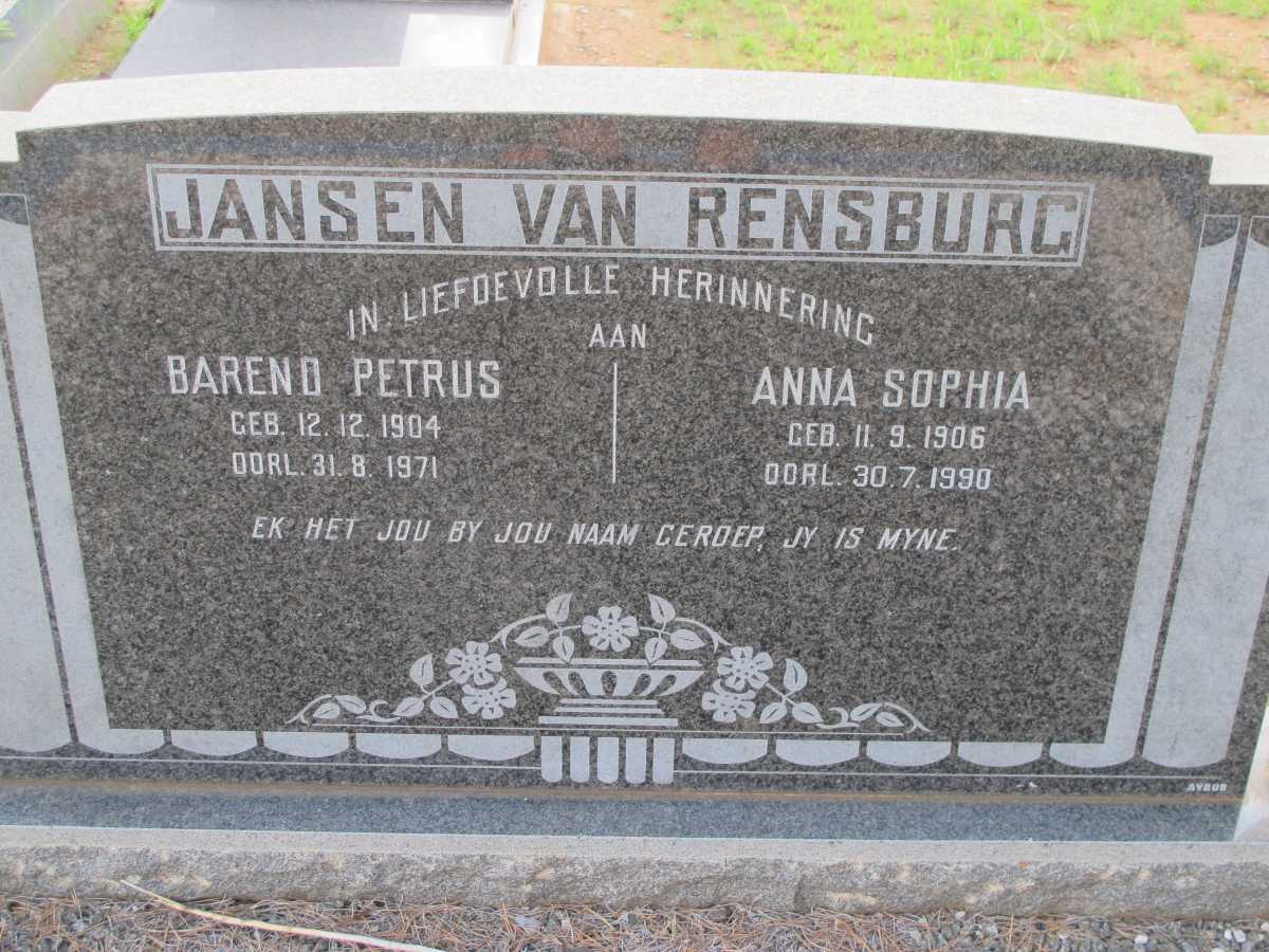 RENSBURG Barend Petrus, Jansen van 1904-1971 &amp; Anna Sophia  1906-1990