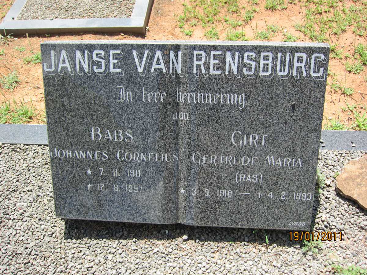 RENSBURG Johannes Cornelius, Janse van 1911-1997 &amp; Gertrude Maria RAS 1918-1993