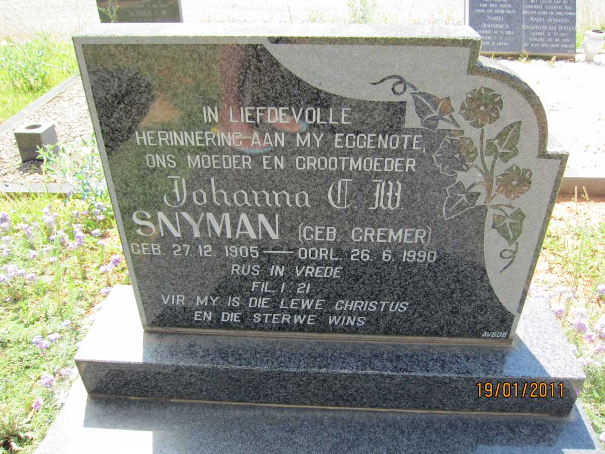 SNYMAN Johanna C.W. nee CREMER 1905-1990