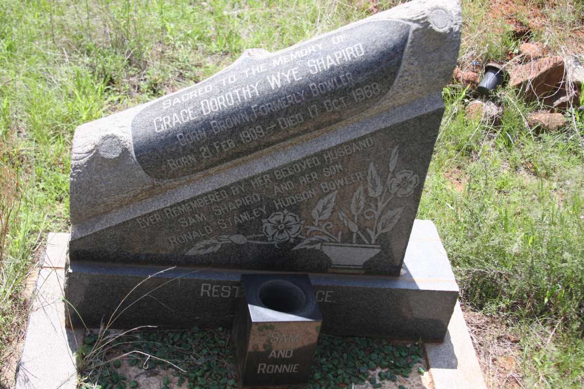 SHAPIRO Grace Dorothy Wye formerly BOWLER nee BROWN 1909-1968