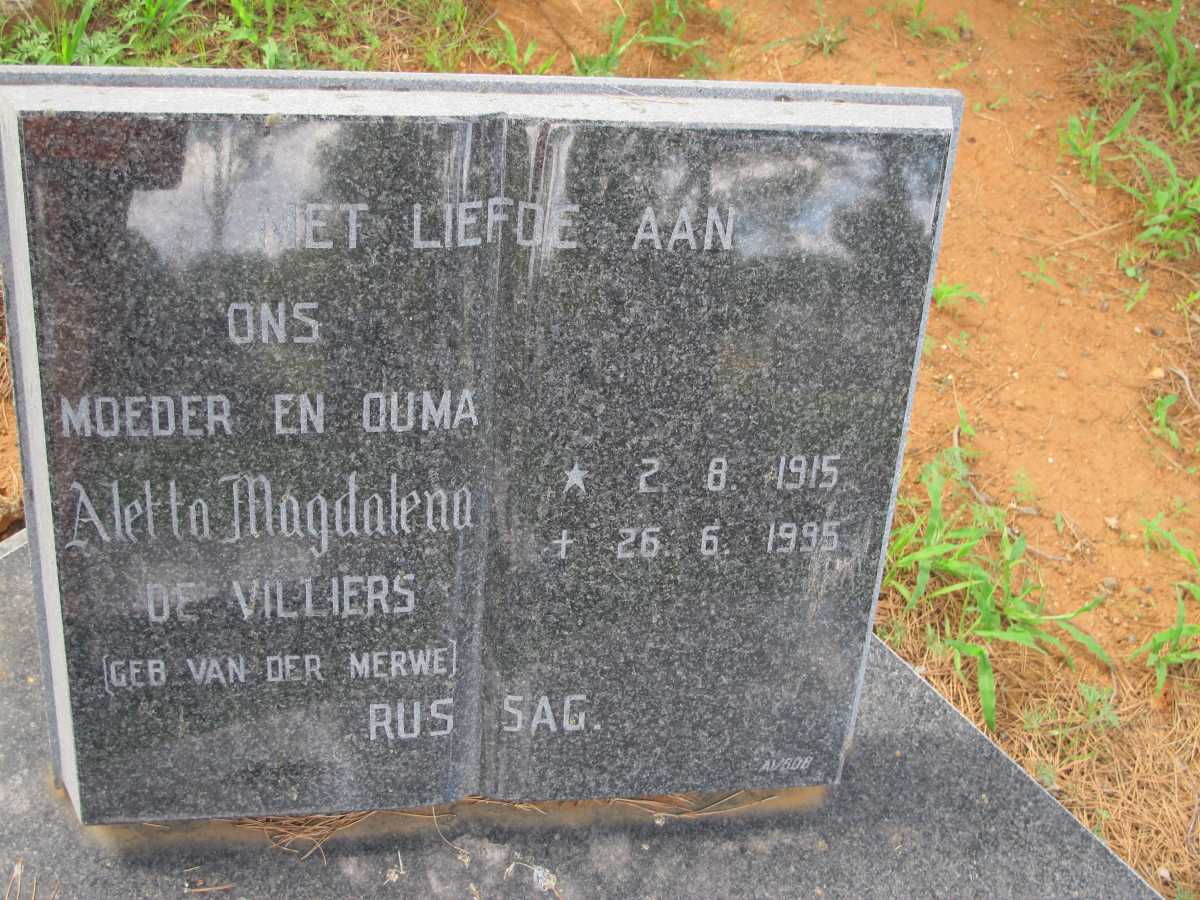 VILLIERS Aletta Magdalena, de nee V.D. MERWE 1915-1995