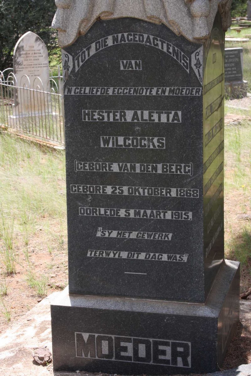 WILCOCKS Hester Aletta nee V.D. BERG 1868-1915