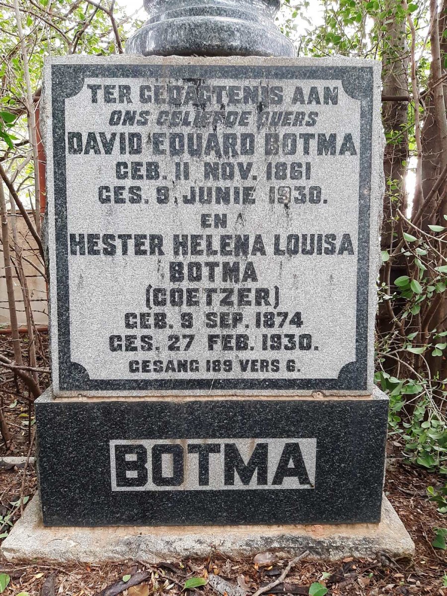 BOTMA David Eduard 1861-1930 &amp; Hester Helena Louisa COETZER 1874-1930