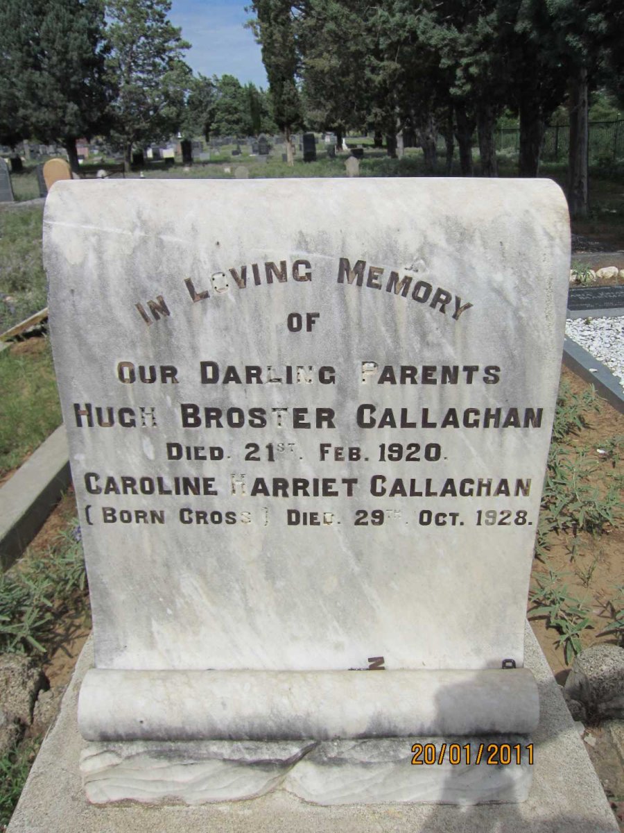 CALLAGHAN Hugh Broster -1920 &amp; Caroline Harriet CROSS -1928